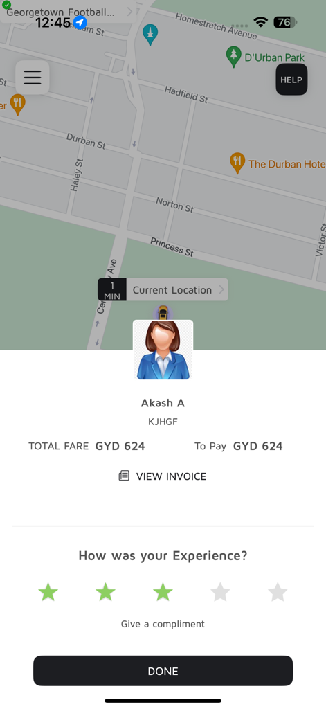 Scoop Ride Customer - Scoop Ride Customer app interface showing a completed trip fare and driver rating screen