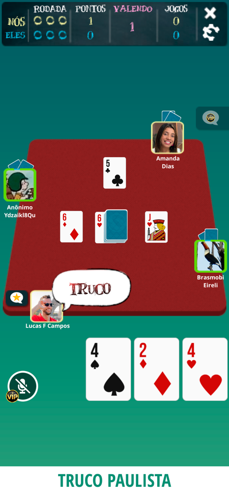 A four-player online match of Truco Paulista card game in the Truco Brasil mobile app