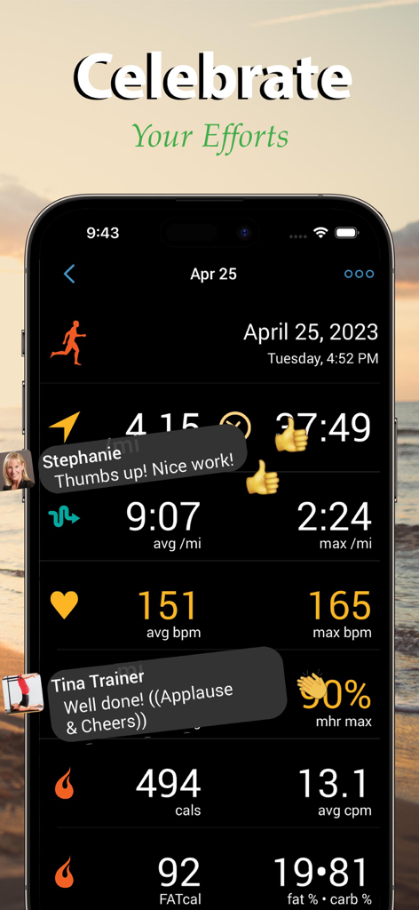 iRunner Run & Jog Tracker - Un resumen detallado de entrenamiento de carrera en la aplicación iRunner que incluye ritmo, métricas de frecuencia cardíaca y comentarios sociales motivacionales.