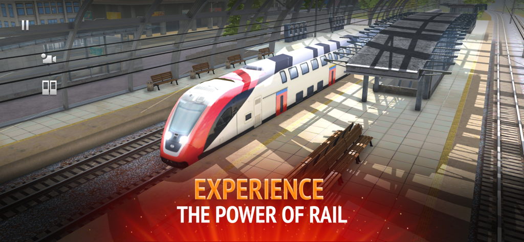 A modern high speed train stopped at a station platform in a 3D railroad simulation game.