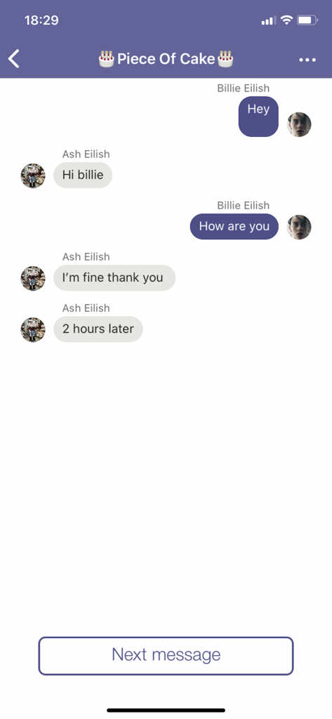 Mobile screenshot of the Creepy app showing a simulated chat story titled Piece Of Cake with text message bubbles and a next message button.