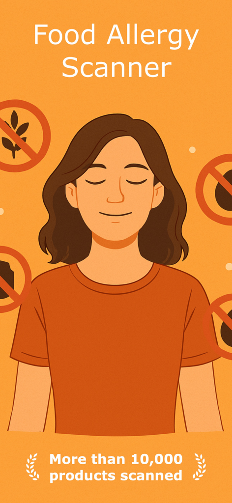 Food Allergy Scanner - Bokha - Intro screen for the Bokha Food Allergy Scanner app showing allergen restriction symbols and a calm woman.
