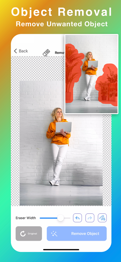 Background Eraser: Bg Remover+ - Screenshot of Background Eraser app showing the object removal feature on a photo of a person