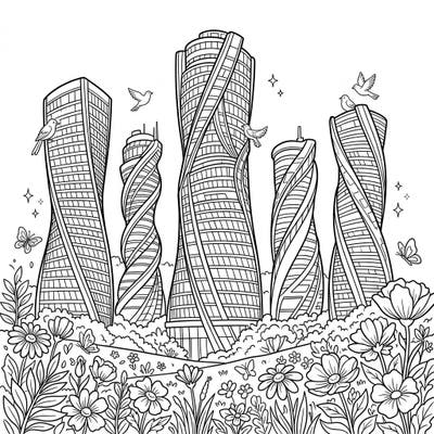 Dive into a world where modern architecture meets vibrant nature with this captivating coloring page featuring twisted skyscrapers. Celebrate the beauty of spring as you bring these dynamic urban structures and their blooming surroundings to life.