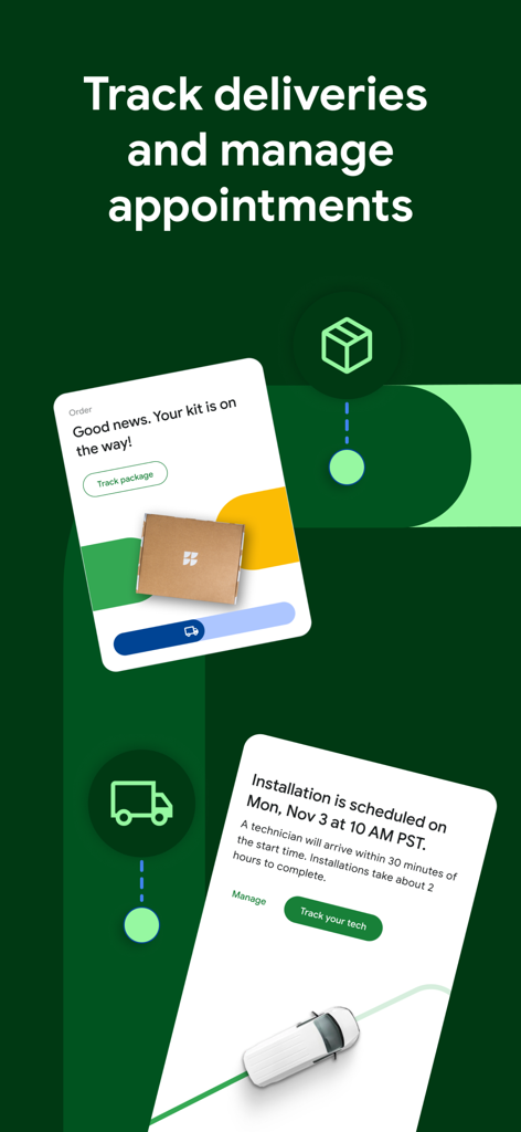 GFiber: The Google Fiber App - Interface of the GFiber app showing hardware delivery status and installation appointment management.