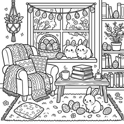 Indulge in the heartwarming charm of this Kawaii Easter Home coloring page. It's a delightful blend of cozy hygge vibes and festive Easter cheer, perfect for bringing joy to your day.