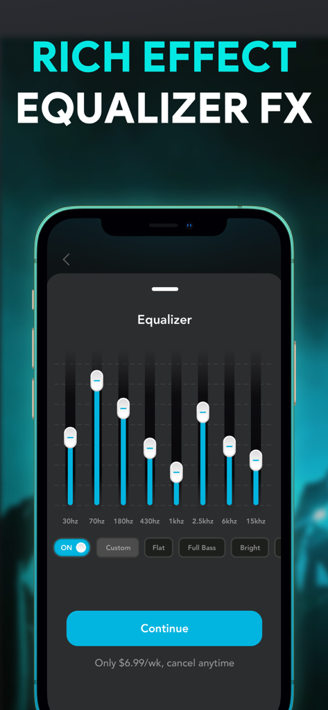 Pantalla de smartphone que muestra la interfaz de efectos de ecualización con deslizadores de frecuencia ajustables y preajustes de sonido para la aplicación Amplify Sound