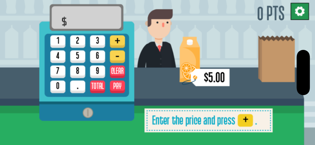 Grocery Cashier - A realistic supermarket cash register interface in the Grocery Cashier game featuring an orange juice carton and a checkout character.