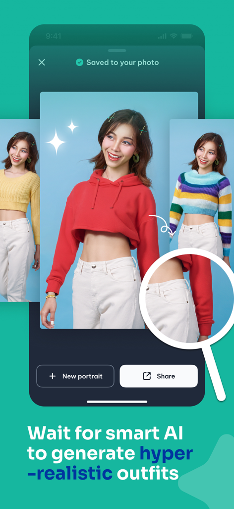 FitRoom app interface showcasing hyper realistic AI generated outfits and virtual try on features