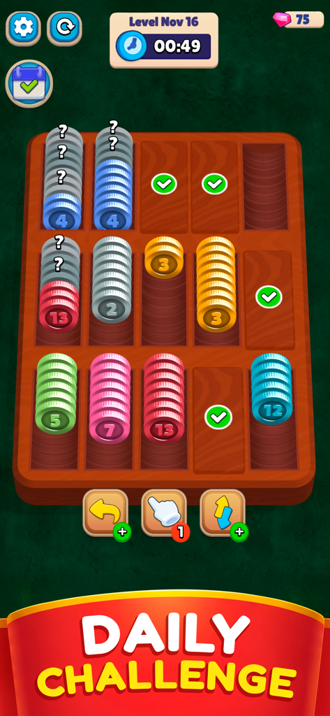 Gameplay screen of Pocket Sort Coin Merge Puzzle showing a daily challenge with colorful coins on a wooden board.