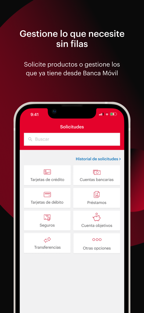 Interfaz de Banca Movil BAC que muestra el menú de solicitudes de tarjetas de crédito, préstamos y seguros