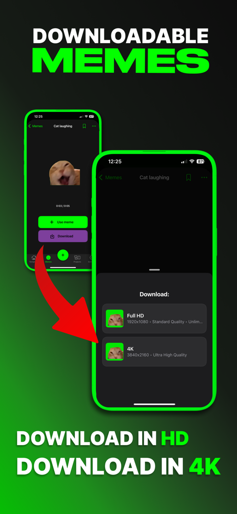 Interface of the Green Screen Memes Maker app showing options to download a laughing cat meme in Full HD and 4K resolution.