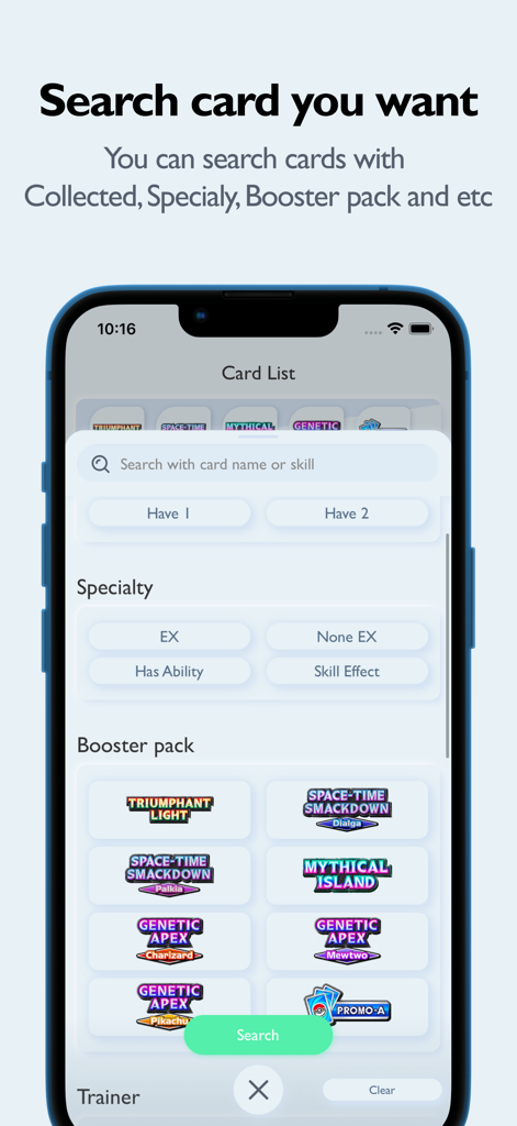 PTCGP Dex Pro: TCG Guide app - Card search and filter interface within the PTCGP Dex Pro app for Pokémon TCG Pocket.