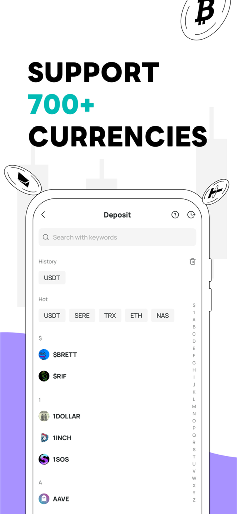DigiFinex - crypto exchange - DigiFinex 모바일 앱 입금 인터페이스는 700개 이상의 암호화폐에 대한 지원을 보여줍니다.