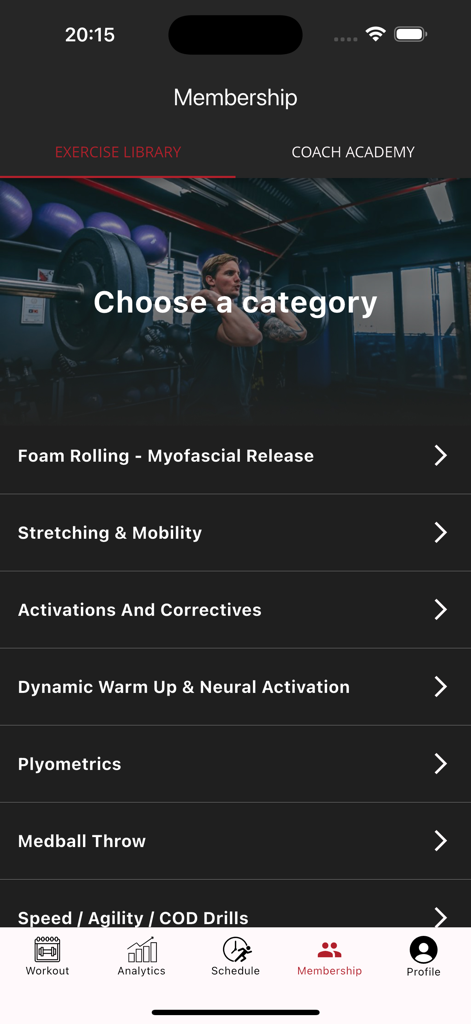 Smart Training CRO App zeigt die Kategorien der Übungsbibliothek für funktionelles Fitnesstraining