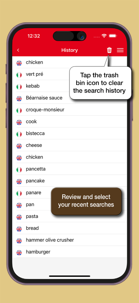 Dizionario di Gastronomia - La pantalla del historial de búsqueda de la aplicación de diccionario de gastronomía que muestra una lista de términos culinarios buscados recientemente en inglés e italiano.