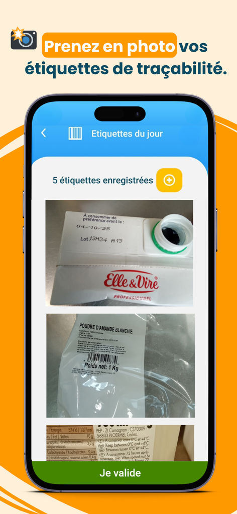 Octopus HACCP - Interface de l'application mobile Octopus HACCP montrant la fonctionnalité de traçabilité alimentaire pour photographier et enregistrer les étiquettes d'ingrédients.