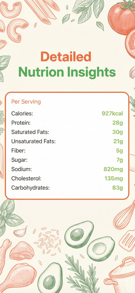 Una pantalla detallada de información nutricional que muestra calorías, proteínas y macros por porción en la aplicación FoodiePrep.