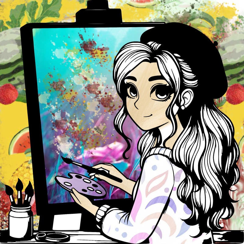 realistic girl artist painting a blank canvas