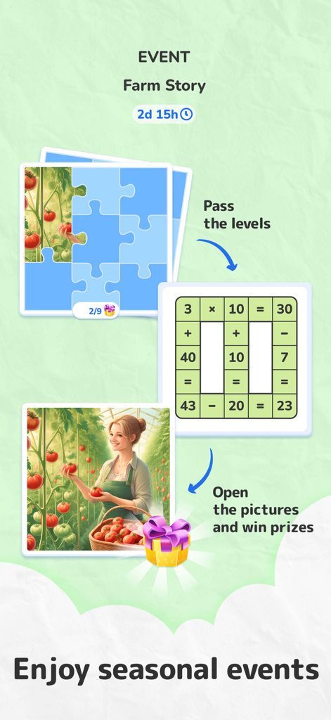 Math Crossword Pro screenshot displaying the Farm Story seasonal event where players solve math puzzles to complete jigsaw pictures and win prizes.