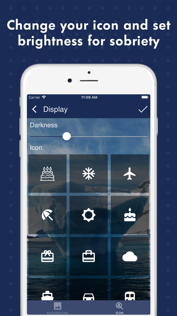 Sober Tracker – Quit Addiction - Display settings screen in the Sober Tracker app showing icon selection grid and brightness slider