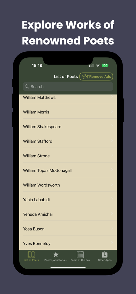 Mobile screen showing a list of famous poets including William Shakespeare and William Wordsworth in the Poems app