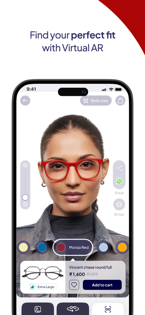 Woman using Lenskart virtual AR feature to try on red eyeglasses