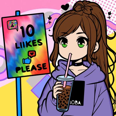 girl with a high ponytail and a hoodie drinking boba staring at a sign saying 10 likes please