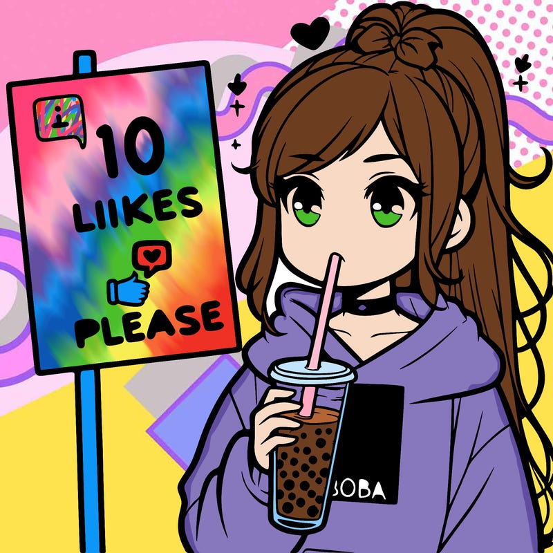 girl with a high ponytail and a hoodie drinking boba staring at a sign saying 10 likes please