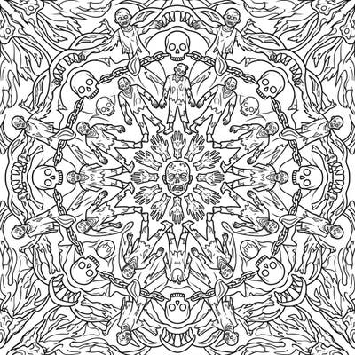Immerse yourself in the hypnotic horror of this unique Shambling Zombie Mandala. This intricate design merges the eerie presence of the undead with the calming symmetry of a mandala, offering a truly distinctive coloring experience.