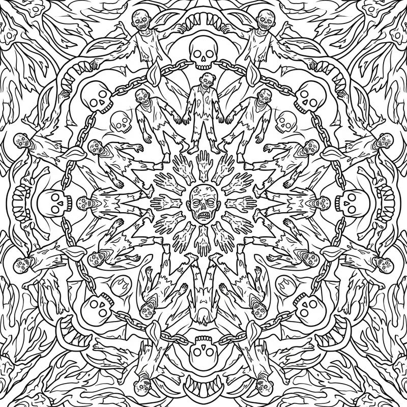 Immerse yourself in the hypnotic horror of this unique Shambling Zombie Mandala. This intricate design merges the eerie presence of the undead with the calming symmetry of a mandala, offering a truly distinctive coloring experience.