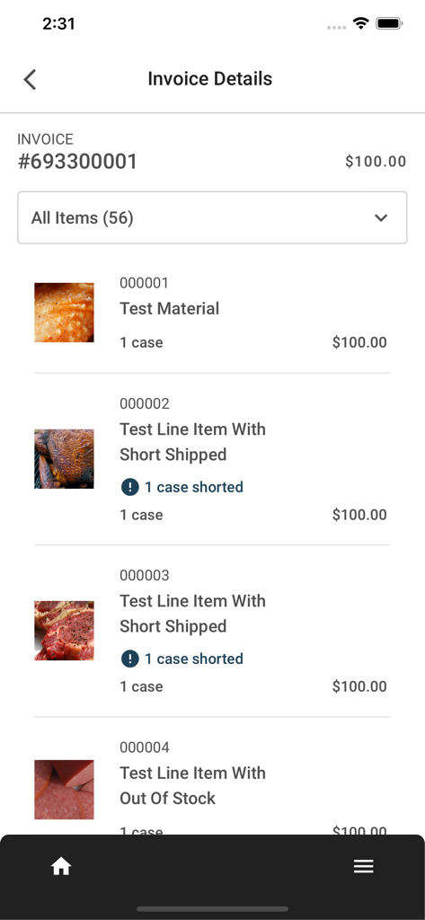 Gordon Now - Gordon Now app screen displaying invoice details with items marked as short shipped and out of stock.
