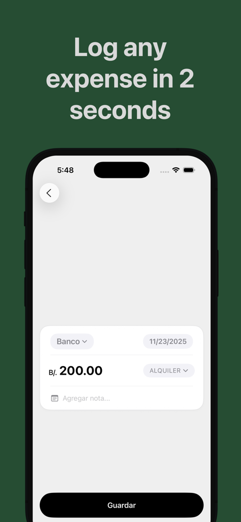 Interfaz de la aplicación móvil Parker para ingresar una transacción de gasto diario