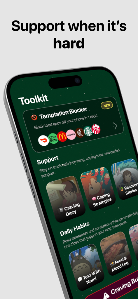 Cravr: Craving Companion - Pantalla del kit de herramientas del bloqueador de tentaciones de la aplicación Cravr que muestra un bloqueador de tentaciones y varias herramientas de recuperación para gestionar los antojos