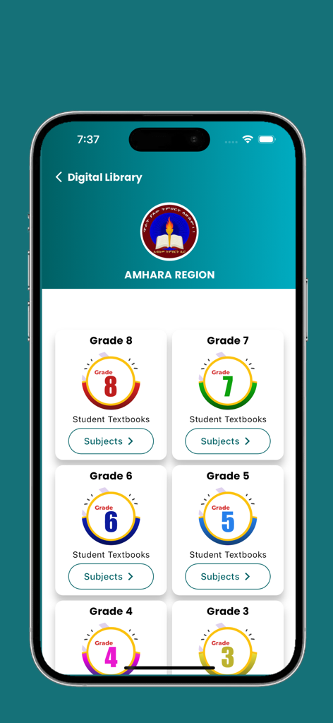 Ethio Digital Library - Ethio Digital Library app interface displaying student textbooks for different grade levels in the Amhara region
