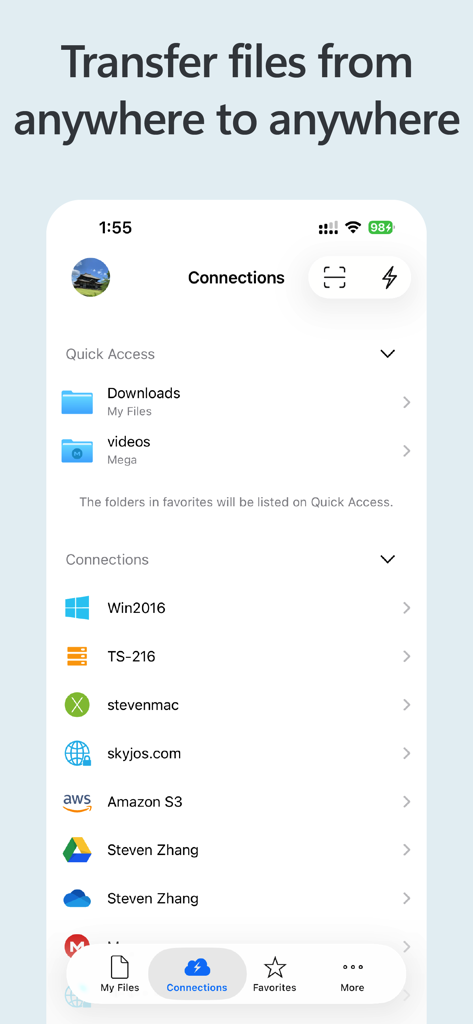 Screenshot of Owlfiles app showing various cloud and network storage connections like Amazon S3 Google Drive and NAS servers