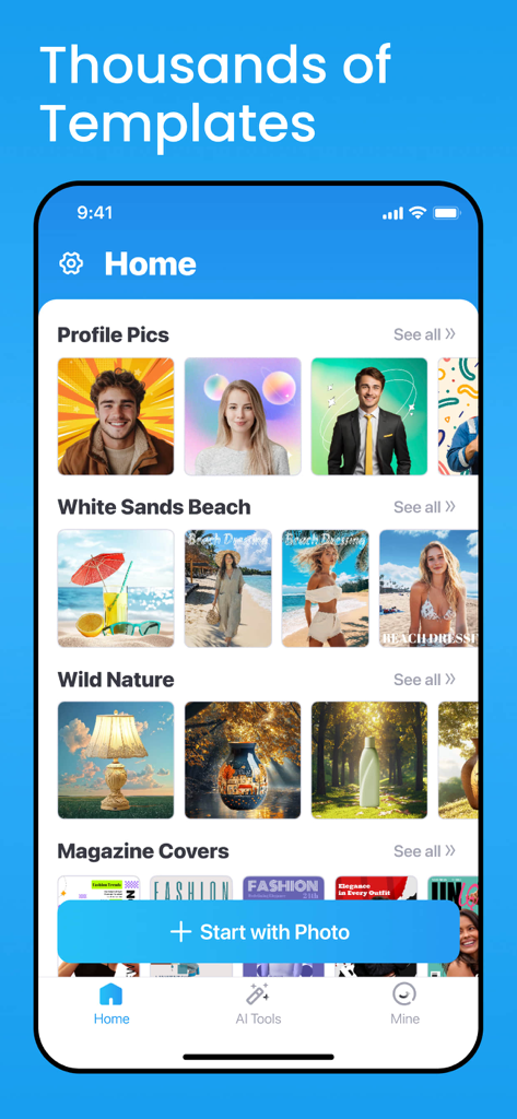 Home screen of the AI Photo Editor app showing categories of templates for profile pictures and product photography