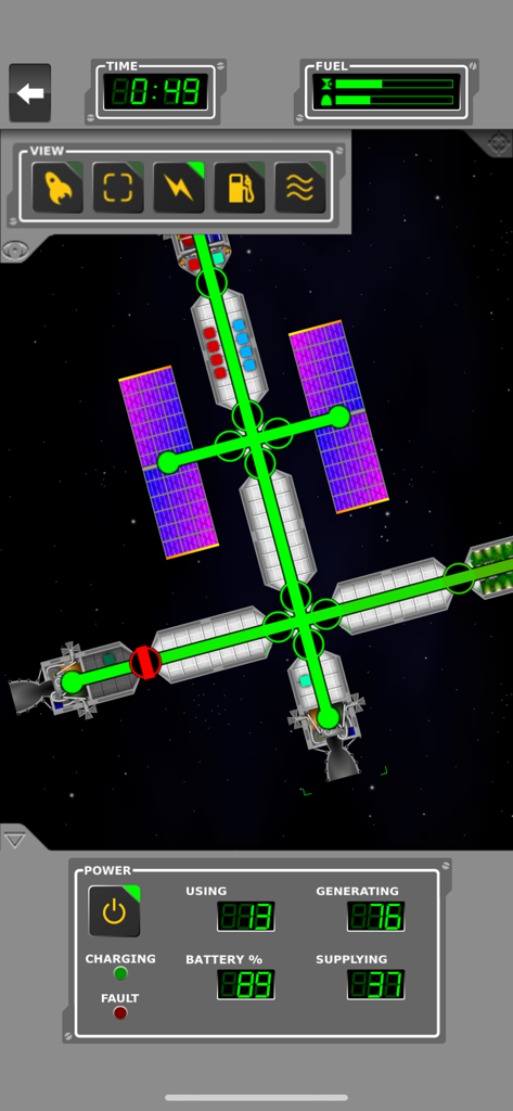 Space Agency - Space Agency game interface showing a space station module configuration and power management system