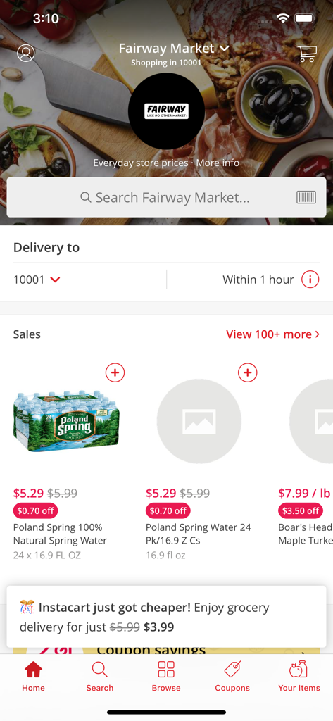 The home screen of the Fairway Market Delivery app showing sales items and one hour delivery options