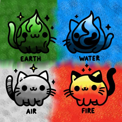 4 cats that represent the different elements, earth, water, air, and fire