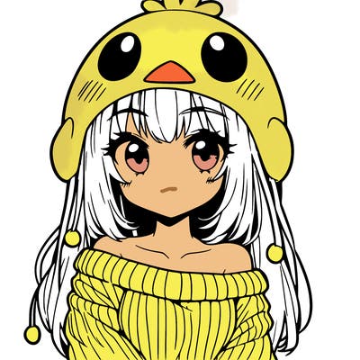 anime girl with chick shaped hat with sweater with bare shoulders with bangs covering them one eye with low tail