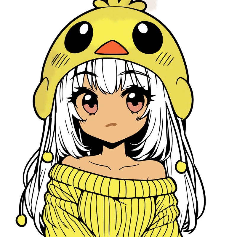 anime girl with chick shaped hat with sweater with bare shoulders with bangs covering them one eye with low tail