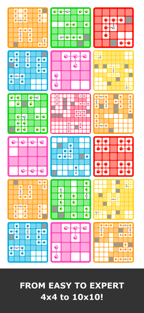 Logic Dots 2 - A collection of colorful logic puzzles showing different difficulty levels from 4x4 to 10x10 grids