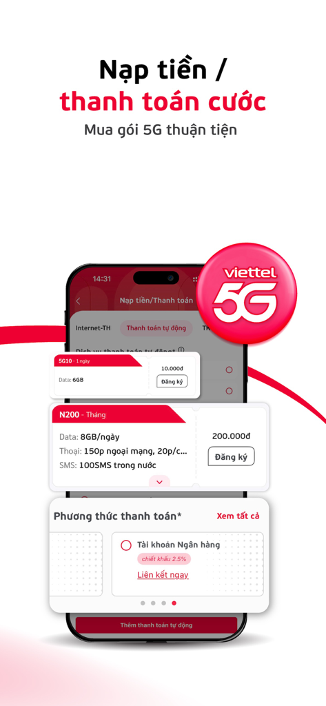 Interface de l'application My Viettel montrant les options de recharge mobile et de paiement de factures pour les forfaits de données 5G