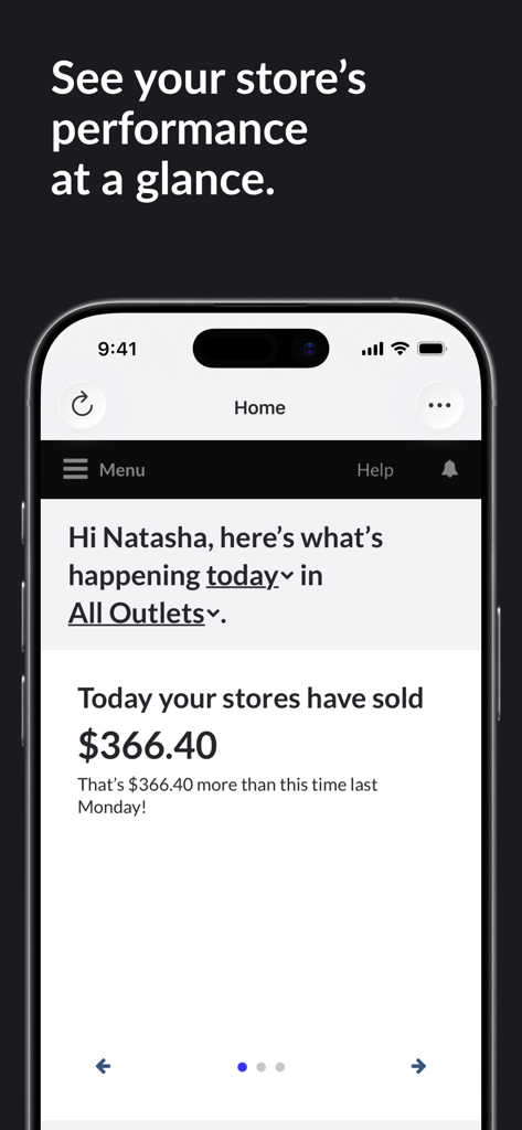 Lightspeed Reporter (X) - Panel de la aplicación Lightspeed Reporter que muestra el rendimiento de ventas de la tienda minorista en tiempo real en un teléfono móvil