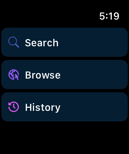 Hauptmenü des Google Watch Web Browsers mit den Optionen Suchen, Stöbern und Verlauf auf der Apple Watch