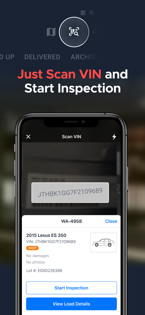 Super Dispatch app interface showing a VIN scan being performed on a Lexus to start a vehicle inspection.