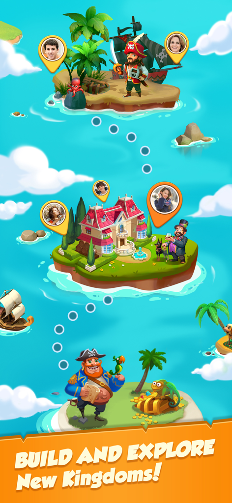 Royal Spin - Coin Frenzy - Uma tela de jogo mobile mostrando várias ilhas flutuantes temáticas com o texto Construa e Explore Novos Reinos.
