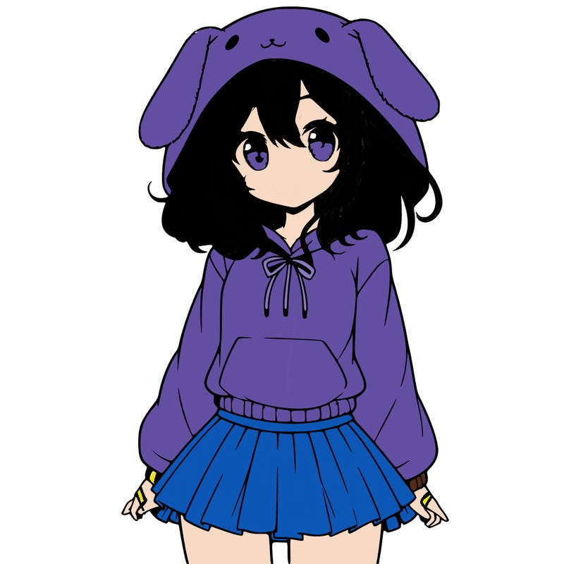 pretty anime girl wearing a fluffy hoodie with bunny ears on the hood and a skirt