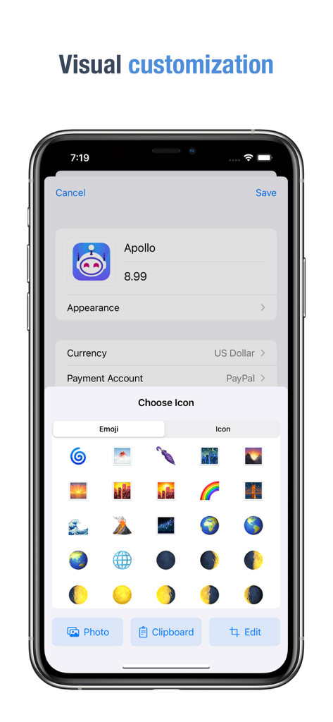 Subscriptions - Track Expenses - Screenshot of the Subscriptions app showing the visual customization interface with icon and emoji selection options for expense tracking.